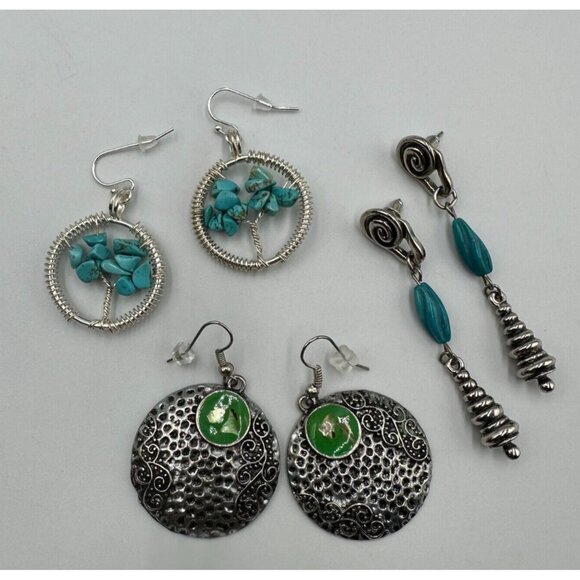 Earrings Lot Silver Tone Pierced Dangle Metal Faux Turquoise Beads 3 Pairs - Picture 1 of 13